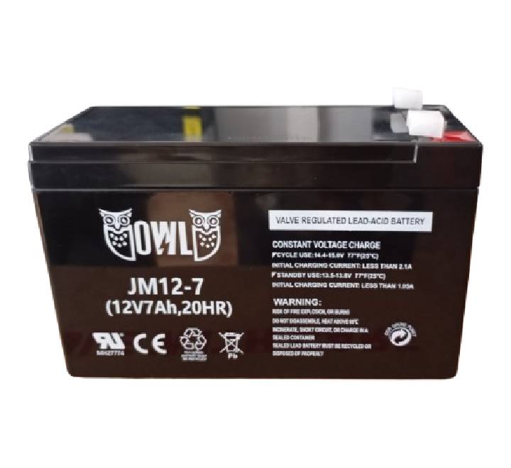 OWL JM12-7 12V 7Ah Rechargeable Sealed Lead Acid Battery front view with terminal connectors.