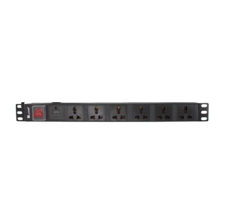 Paramount 16A 6-way rackmount PDU front view showing universal outlets and safety switch