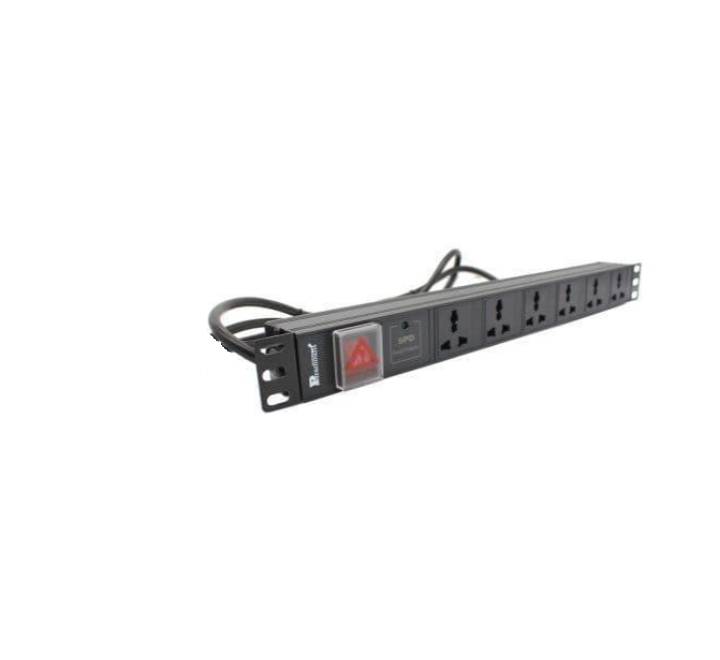 Close-up of Paramount PDU 6 universal output sockets and heavy-duty UK input power plug