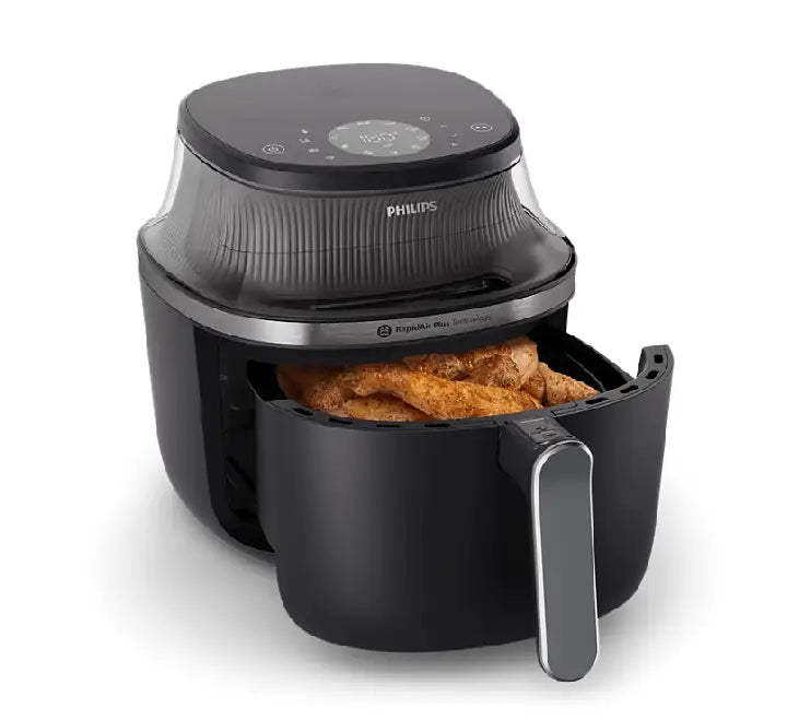 Opened 6.2L capacity basket of Philips NA331/00 Airfryer showing viewing window