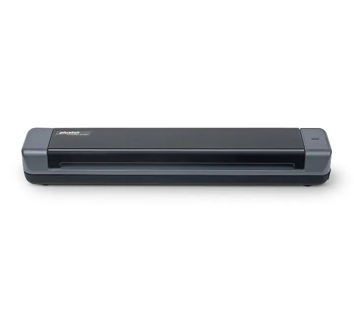 Plustek MobileOffice S410 Plus portable sheet-fed document scanner in black, showing the compact paper slot and front feed entry.