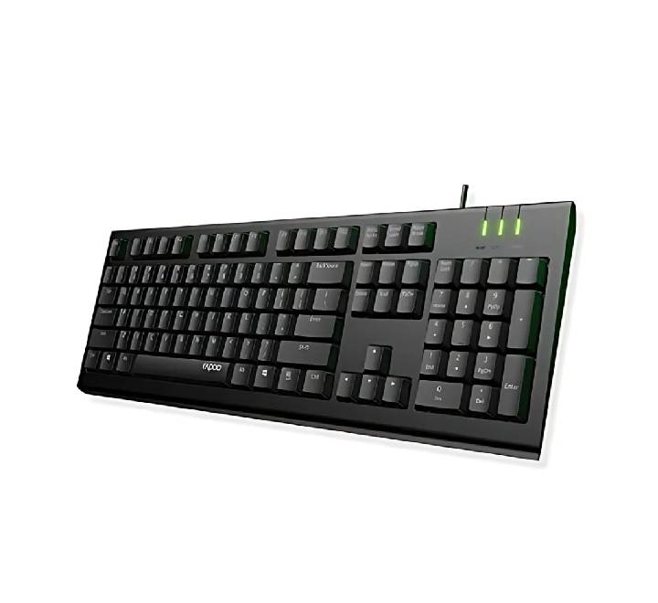Rapoo NK1900 keyboard close-up highlighting durable laser-carved keycaps and membrane design