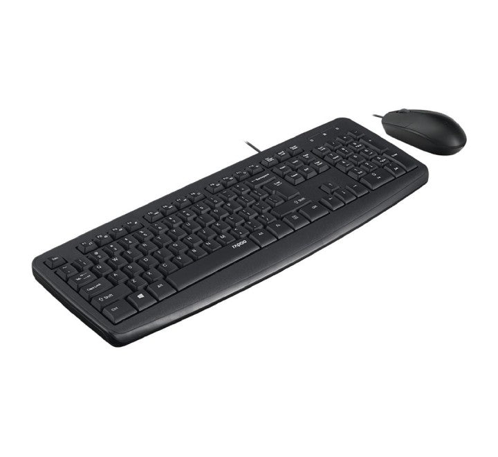 Close-up of the Rapoo NX1600 black spill-resistant keyboard featuring laser-engraved keys and built-in palm rest.