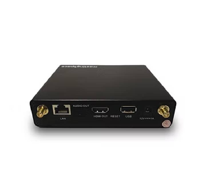 Rear view of the rediShow OD-007 receiver illustrating the hardware interfaces including HDMI out, Gigabit LAN, USB ports, and power input.