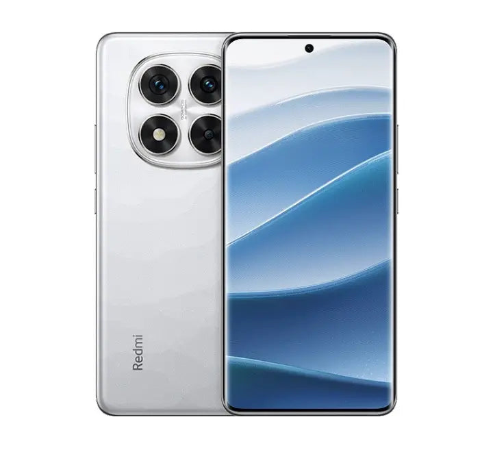 Xiaomi Redmi Note 14 Pro 5G smartphone in Porcelain White color option, displaying its glossy glass back panel.