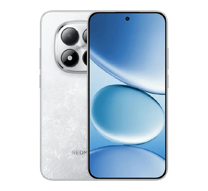 Front and back view of the Redmi Note 15 Pro Plus 5G in Porcelain White, highlighting its minimalist design and slim bezels.