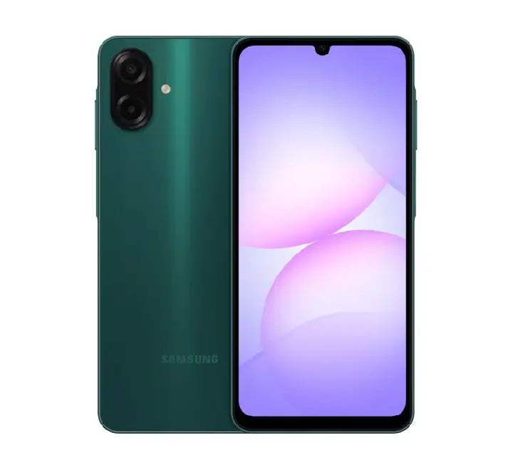 Samsung Galaxy A07 in Lime Green, showcasing the vibrant color option and slim 7.6mm design, available in 64GB and 128GB.