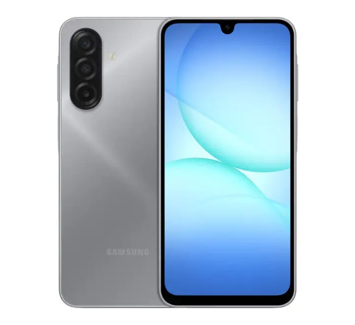 Samsung Galaxy A17 in Grey finish, highlighting the premium slim design and 5000mAh battery.