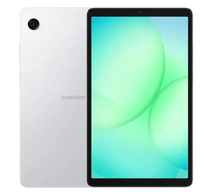Rear view of the Samsung Galaxy Tab A11 in sleek Silver finish, highlighting the premium metal body layout and 8MP auto-focus camera.
