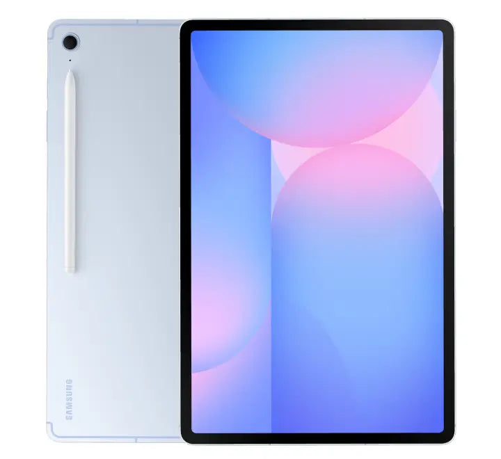 Front view of the 12.4-inch Samsung Galaxy Tab S10 FE Plus 128GB in Light Blue with its included S Pen active on the screen.