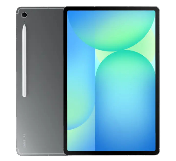 Rear view of Samsung Galaxy Tab S10 FE Plus in Grey highlighting the premium aluminum backing and the upgraded dual-camera module.