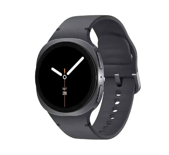Stealthy Gray model of the 44mm Samsung Galaxy Watch8 with matching dark sports band showing the active running tracking data screen.