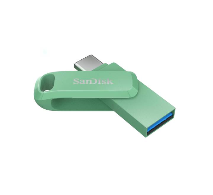 A user inserting the SanDisk Ultra Dual Drive Go 256GB flash drive into a tablet to copy large video files and free up device memory.