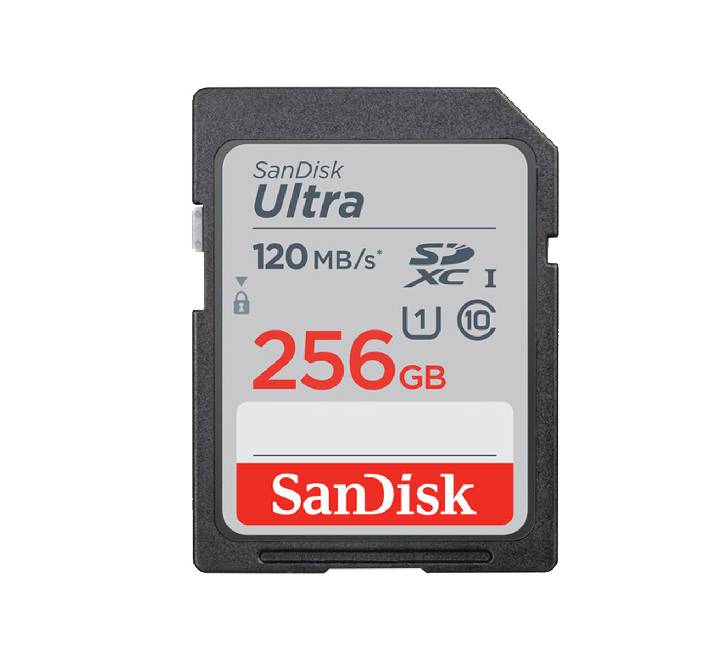 SanDisk Ultra 256GB SDXC UHS-I memory card showing the black and red product label specifying the 120MBs read speed architecture.