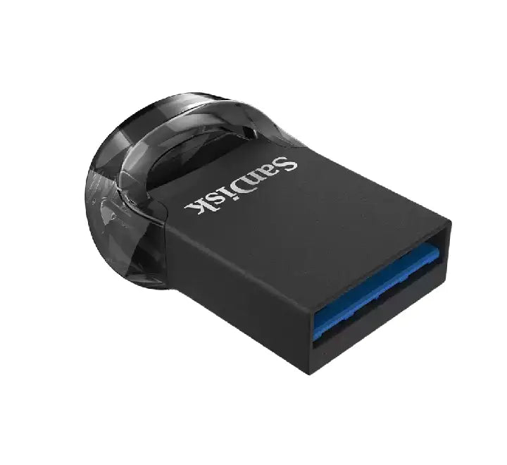 Close-up view of the micro-sized SanDisk Ultra Fit 256GB flash drive inserted into a laptop USB port, showcasing its plug-and-stay profile.