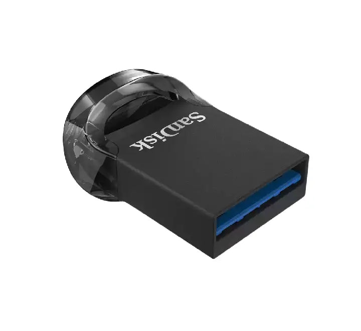 The SanDisk Ultra Fit 32GB flash drive sitting nearly flush inside a laptop USB port, highlighting its plug-and-stay design.