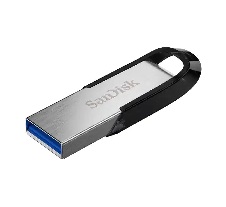 Rear angled focus view of the SanDisk Ultra Flair 256GB flash drive highlighting the structural molded plastic loop hook.