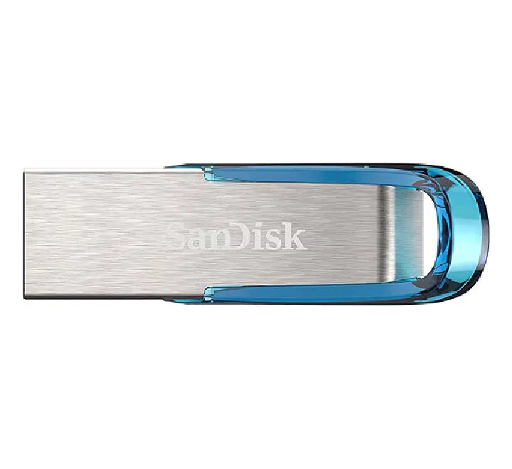 SanDisk Ultra Flair 64GB USB 3.0 Blue Edition flash drive front view.