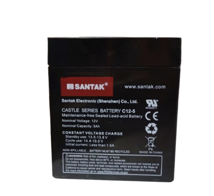 Front perspective view of the Santak C12-5Ah 12V 5Ah VRLA sealed lead acid UPS battery showing brand logos and safety labels.