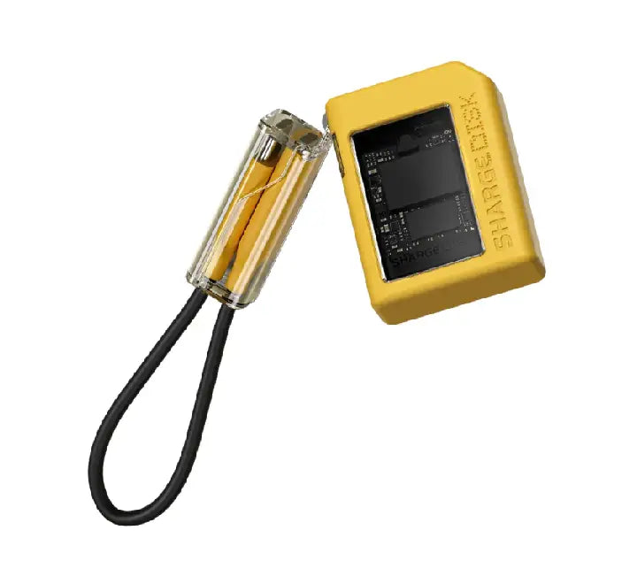 Sharge Disk M.2 2230 NVMe SSD enclosure in cyber yellow featuring transparent window showing internal circuit board and attached lanyard.