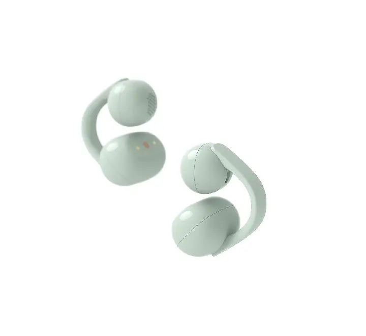 Close-up shot of a person wearing the Sony LinkBuds Clip WF-LC900 showing the ergonomic C-shaped open-ear clip design.