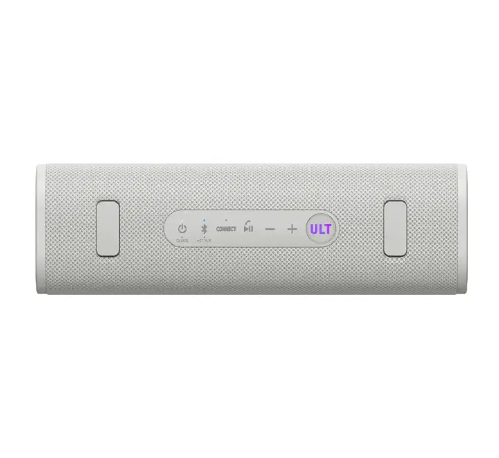 Close-up shot of the physical ULT power sound button on top of the Sony SRS-ULT30 portable speaker for instant heavy bass boosting.