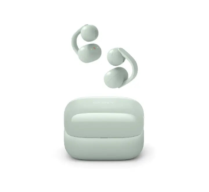 A pair of Sony LinkBuds Clip WF-LC900 true wireless open-ear earbuds showing the speaker driver and bone conduction sensors.