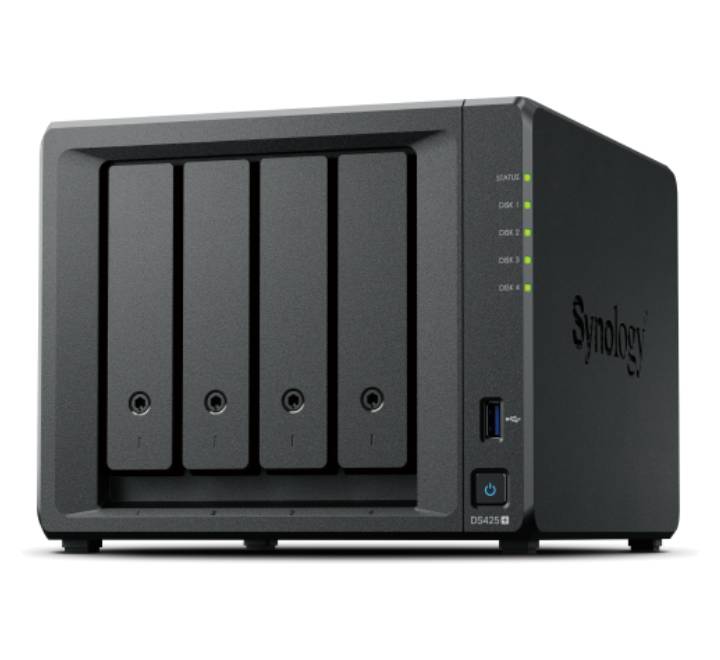 Synology DiskStation DS425+ 4-bay NAS enclosure front view showing drive trays and indicator lights