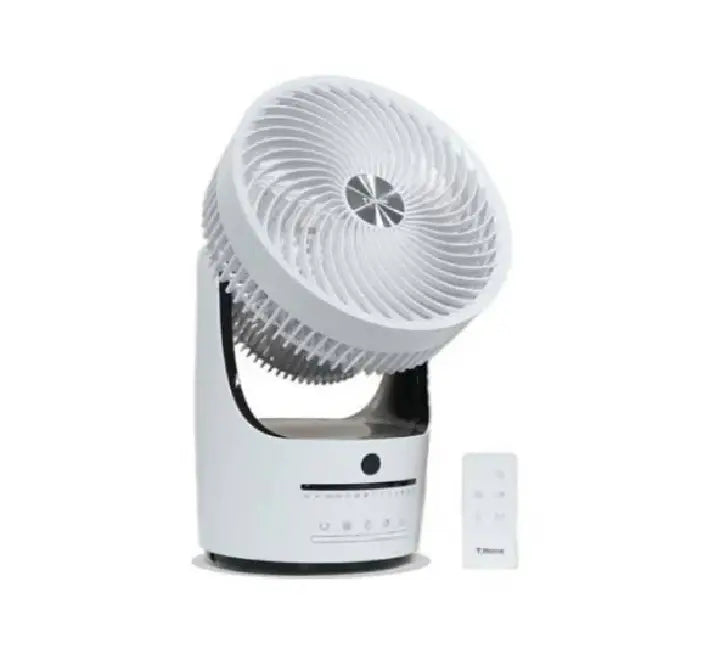 Front view of the T-Home 8-inch air circulator fan (TH-FA08L816C) in white, showing the compact turbo blade design and LED display base.