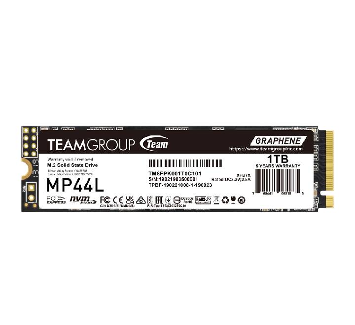 Top view of the TEAMGROUP MP44L 1TB M.2 PCIe 4.0 NVMe SSD showing the ultra-thin patented graphene thermal dissipation label.