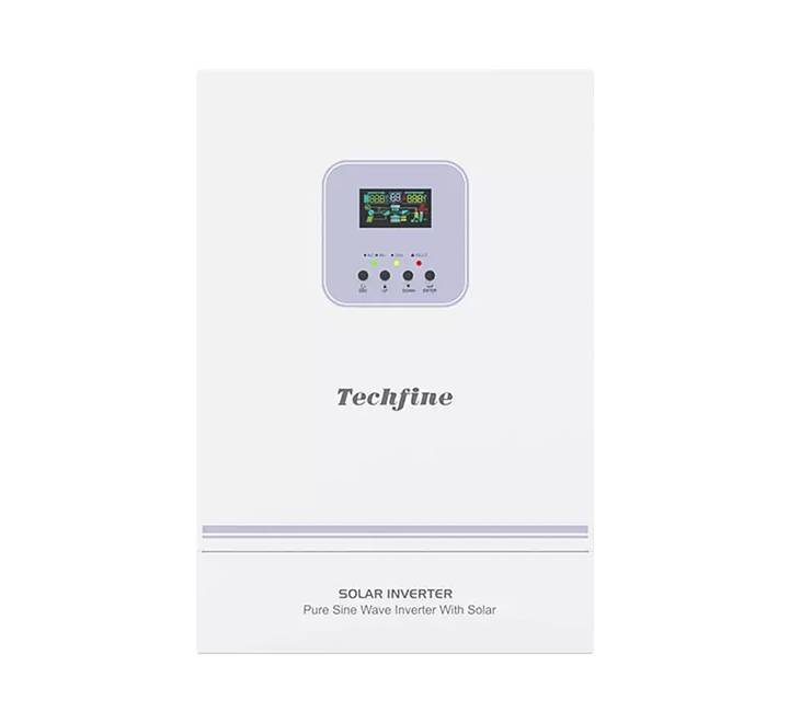 Front view of the Techfine 24V 3kVA Pure Sine Wave Inverter with LCD display and Wi-Fi logo.