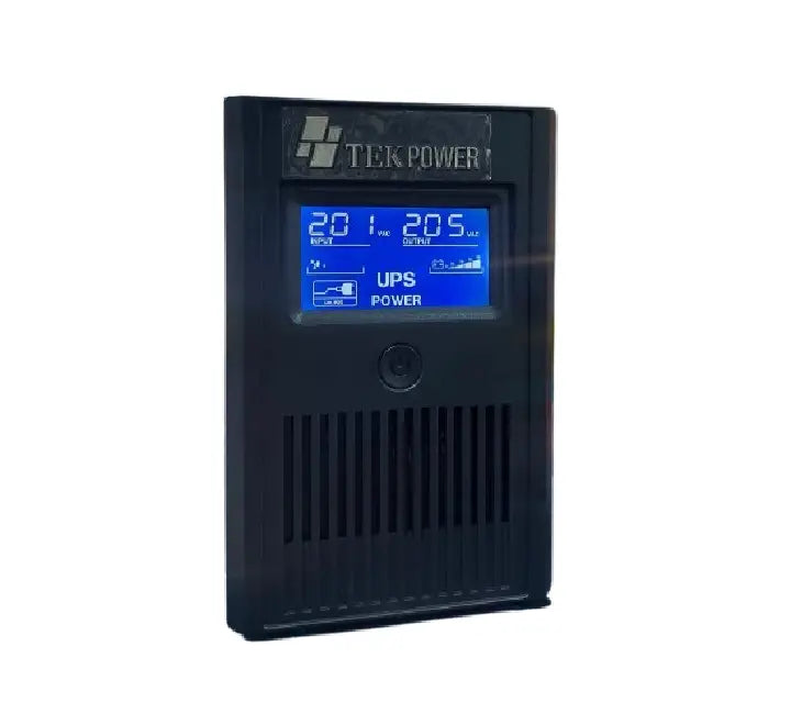 Front view of the TEK Power 650VA Uninterruptible Power Supply showing power status LED switches and compact tower shell design.