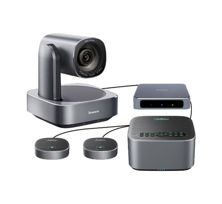 Tenveo conference speakerphone unit with dual expansion microphones for 360-degree room audio pickup