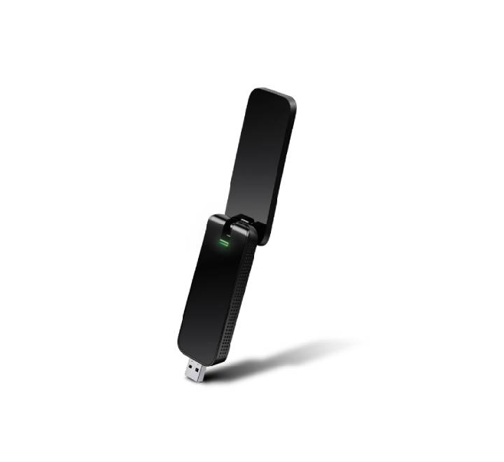 TP-Link Archer T4U AC1300 High Gain Wireless USB Adapter viewed from the front with antennas extended.