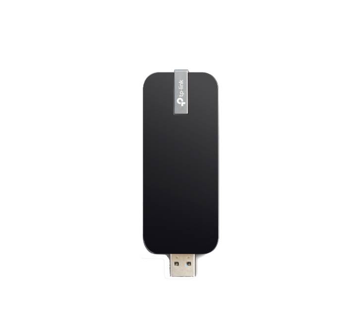 TP-Link Archer T4U wireless USB adapter plugged into a laptop using its included desktop extension cable.