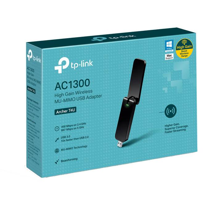 Close-up of the dual high-gain adjustable antennas on the TP-Link Archer T4U adapter for enhanced Wi-Fi signal reception.
