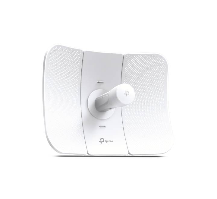 Rear panel assembly of the TP-Link CPE710 wireless bridge highlighting the multi-axis mounting kit bracket and weatherproofing features.