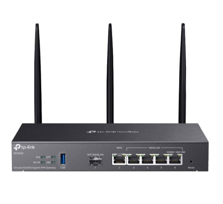 Front view of the TP-Link ER706W Omada AX3000 Gigabit VPN Router showing its five external antennas and sleek black enterprise chassis.