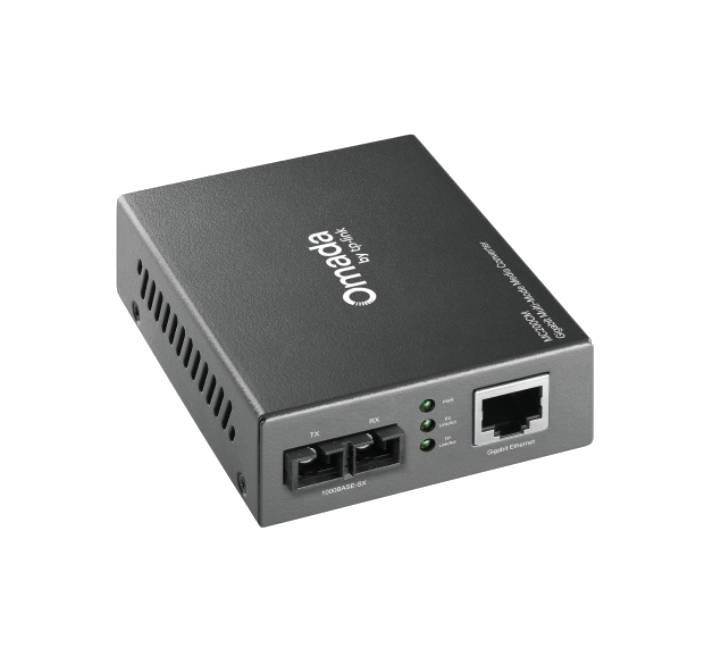 Side and rear view of the TP-Link MC200CM media converter highlighting its compact metal chassis and DC power input.