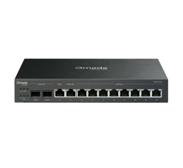 Front view of the TP-Link Omada ER7212PC 3-in-1 Gigabit VPN Router showing the SFP slots, WAN/LAN ports, and integrated PoE+ Ethernet port layout.