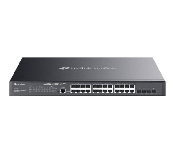 Front angle view of the TP-Link Omada SG3428MP 28-port gigabit managed switch showcasing the 24 PoE+ ports and 4 SFP fiber uplink slots.