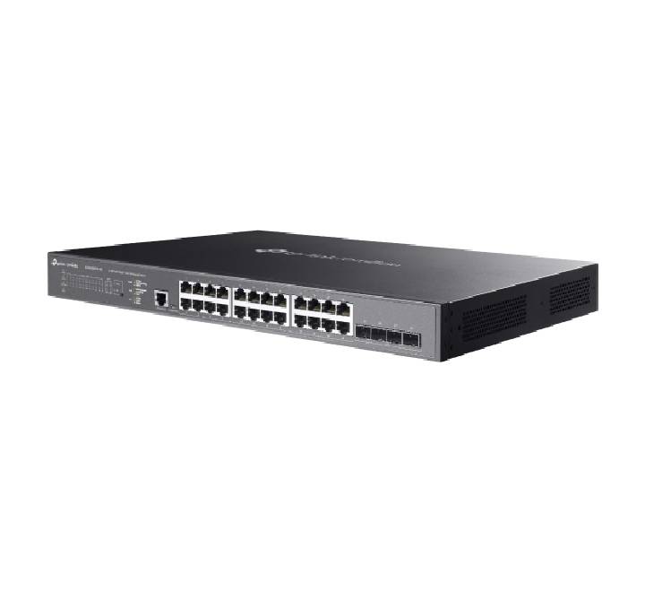 Close-up of the 10G SFP+ uplink slots and console management ports on the SG3428XPP-M2 switch.