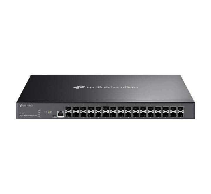 Front view of the TP-Link Omada SX3032F 32-Port 10G SFP+ L3 Managed Switch rackmounted.