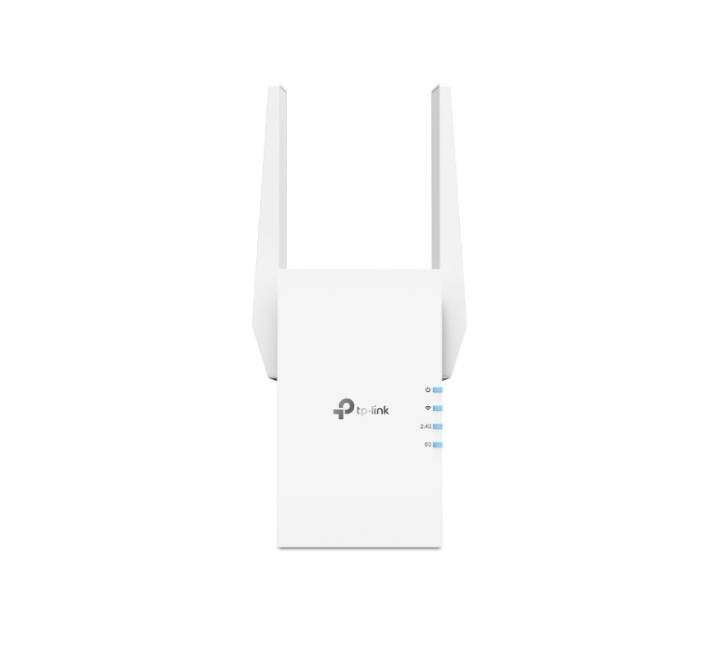 TP-Link RE705X AX3000 Wi-Fi 6 range extender featuring dual external antennas and front signal LED indicator.