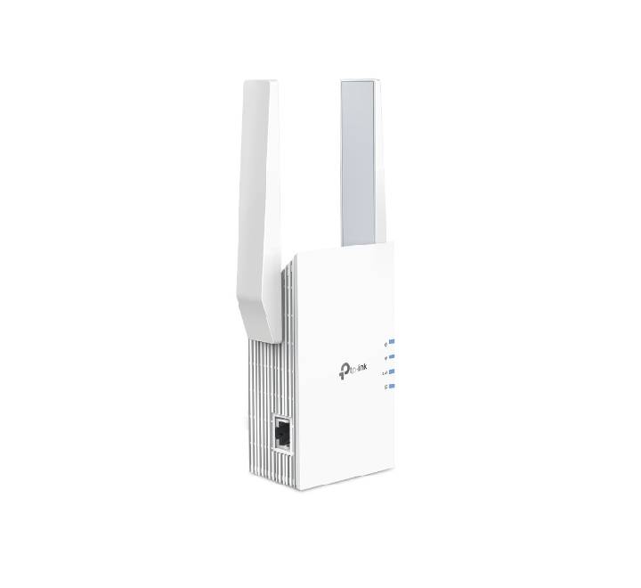 TP-Link RE705X wall-plugged dual-band mesh Wi-Fi 6 range extender deployed in a smart home environment.