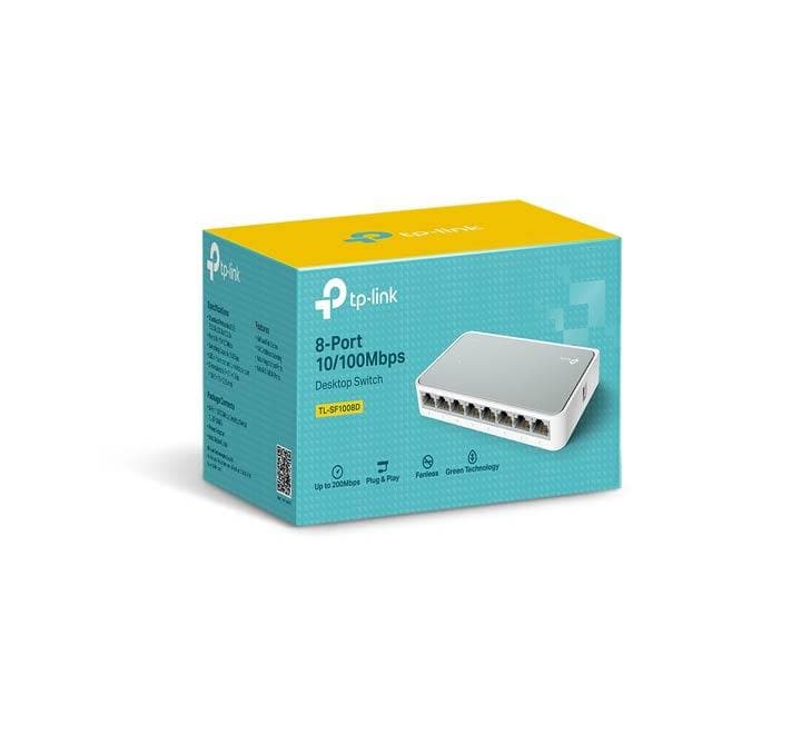 TP-Link TL-SF1008D switch packaging including power adapter and installation guide.