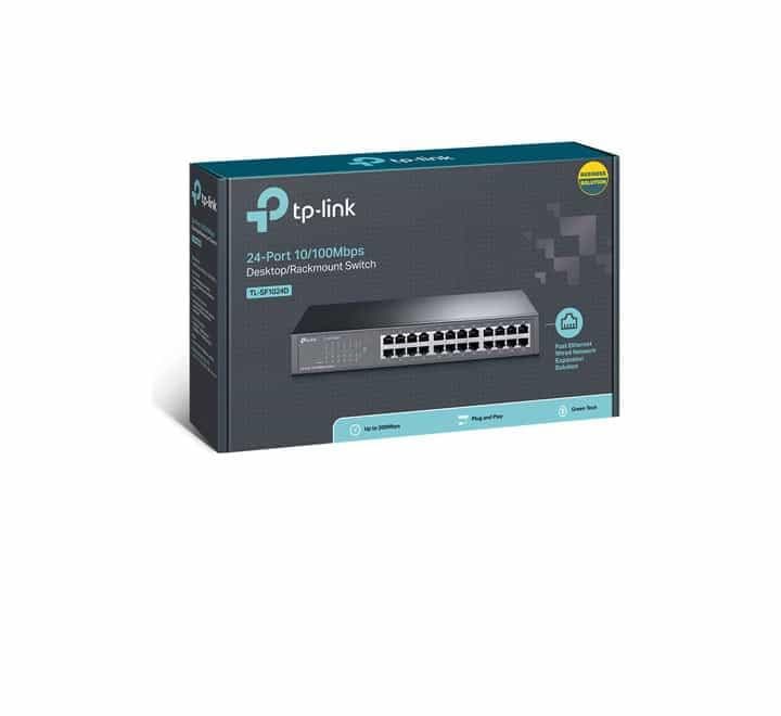Rear panel of the TP-Link TL-SF1024D switch displaying the power supply socket and grounding terminal.
