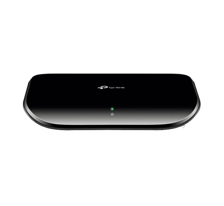 Front perspective of the TP-Link TL-SG1005D unmanaged 5-port gigabit desktop switch showing its clean plastic frame and LED indicators.