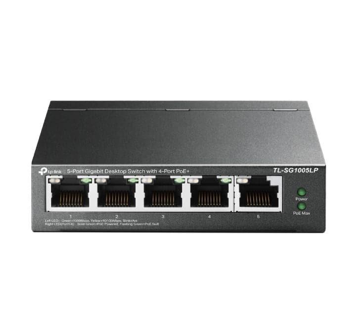 TP-Link TL-SG1005LP 5-Port Gigabit Desktop Switch showing 4 PoE+ ports and power indicators in a durable metal casing.