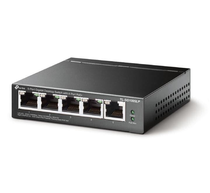 Rear view of the compact TP-Link TL-SG1005LP desktop PoE switch showing the DC power input jack and Kensington security slot.